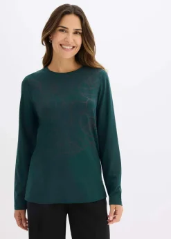 bonprix Shirts & Tops^Langarmshirt mit Rosendruck tiefgrün/schwarz