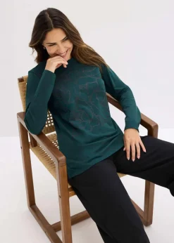 bonprix Shirts & Tops^Langarmshirt mit Rosendruck tiefgrün/schwarz