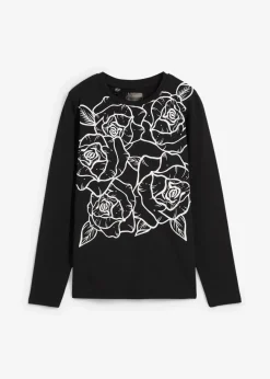 bonprix Shirts & Tops^Langarmshirt mit Rosendruck schwarz/weiß bedruckt