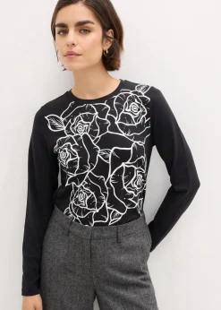 bonprix Shirts & Tops^Langarmshirt mit Rosendruck schwarz/weiß bedruckt