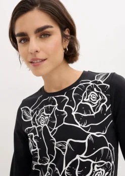 bonprix Shirts & Tops^Langarmshirt mit Rosendruck schwarz/weiß bedruckt