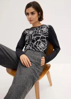 bonprix Shirts & Tops^Langarmshirt mit Rosendruck schwarz/weiß bedruckt