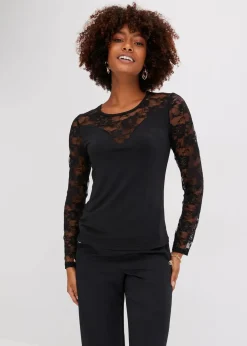 bonprix Shirts & Tops^Langarmshirt mit Spitze schwarz