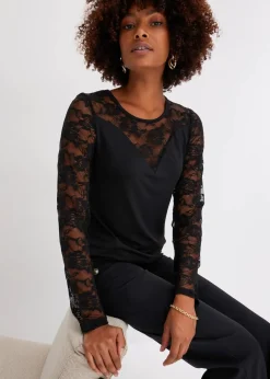 bonprix Shirts & Tops^Langarmshirt mit Spitze schwarz