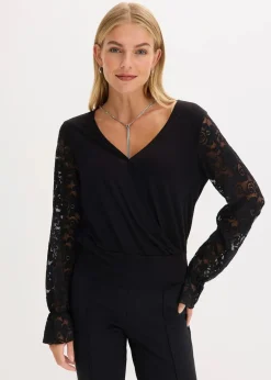 bonprix Shirts & Tops^Langarmshirt mit Spitze schwarz