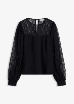 bonprix Shirts & Tops^Langarmshirt mit Spitze schwarz