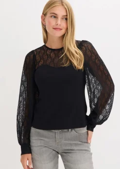 bonprix Shirts & Tops^Langarmshirt mit Spitze schwarz