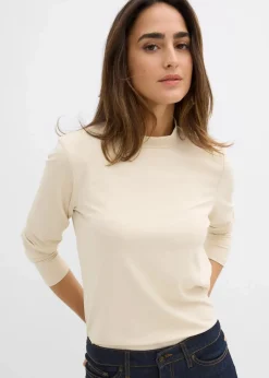 bonprix Shirts & Tops|Basics^Langarmshirt mit Stehkragen mit recyceltem Polyamid hellsand