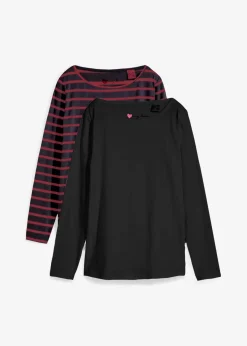 bonprix Shirts & Tops|Basics^Langarmshirt mit U-Boot-Ausschnitt (2er Pack) schwarz + rubinrot/schwarz gestreift