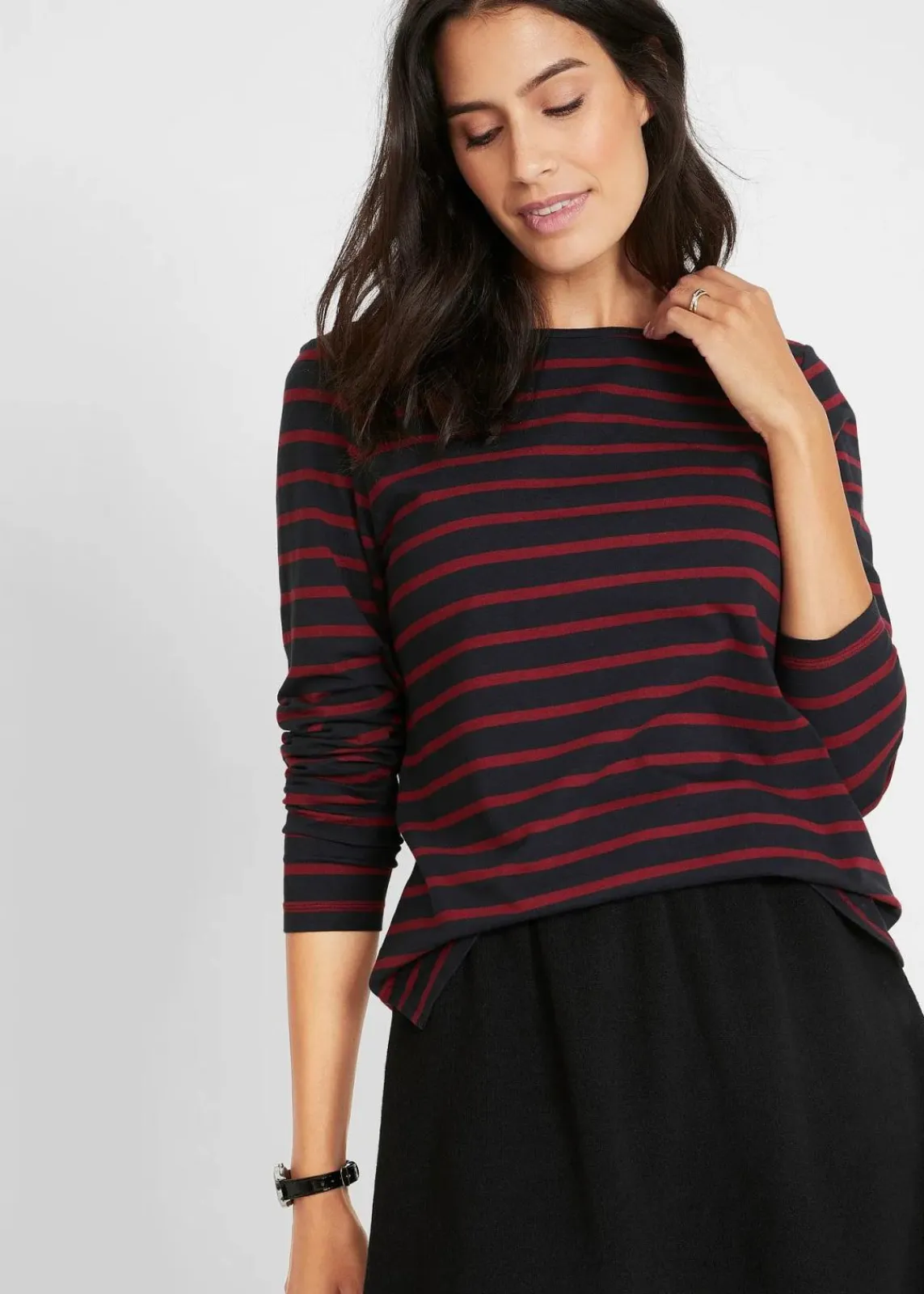 bonprix Shirts & Tops|Basics^Langarmshirt mit U-Boot-Ausschnitt (2er Pack) schwarz + rubinrot/schwarz gestreift