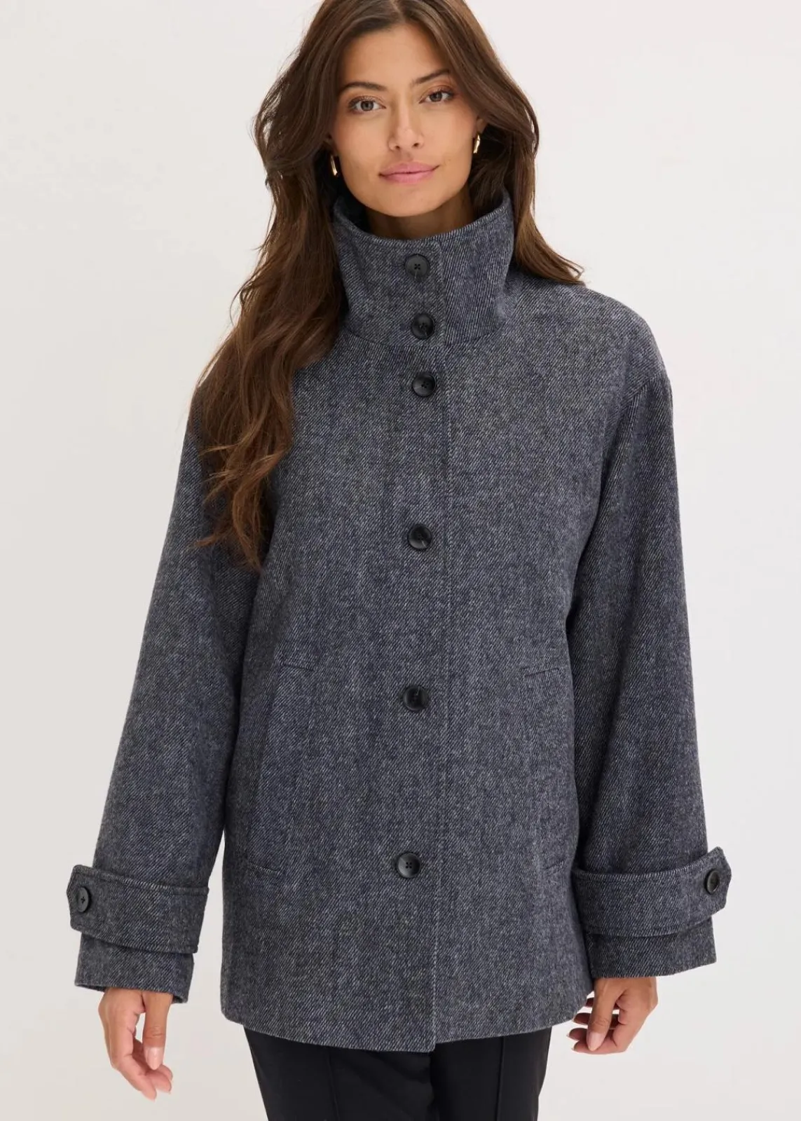 bonprix Bekleidung·Hosen|Jacken & Mäntel^Lange Cabanjacke in Wolloptik anthrazit meliert