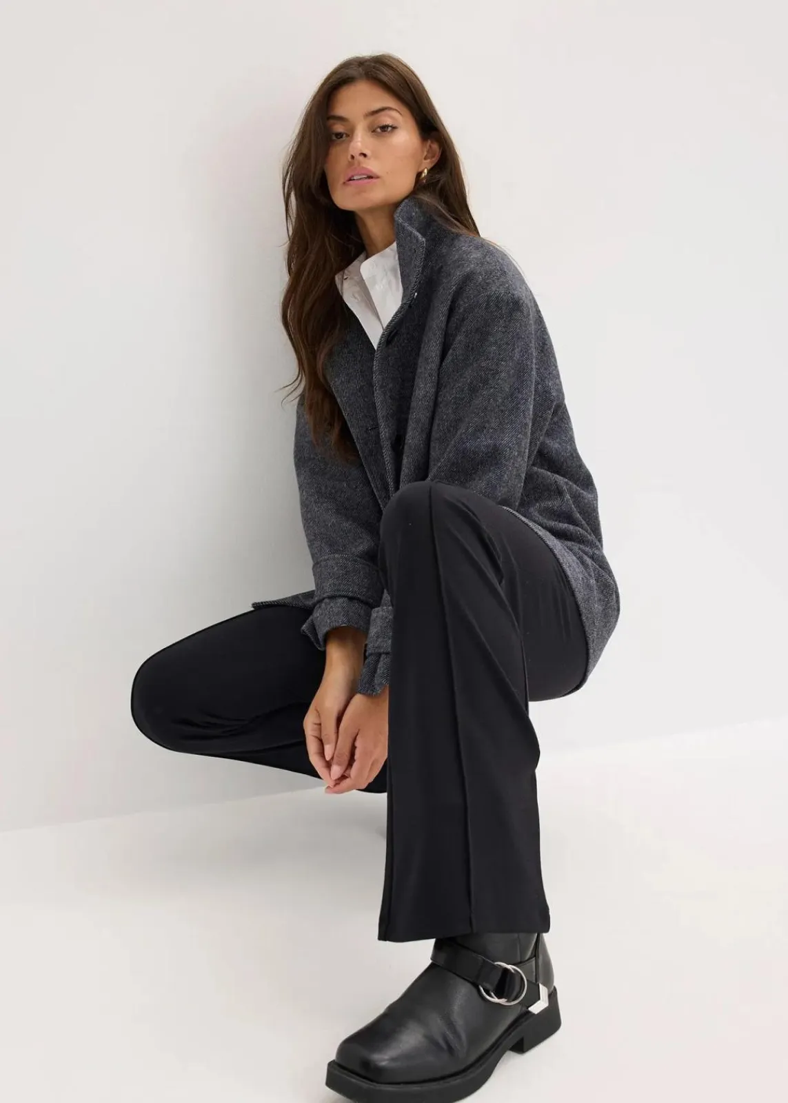 bonprix Bekleidung·Hosen|Jacken & Mäntel^Lange Cabanjacke in Wolloptik anthrazit meliert