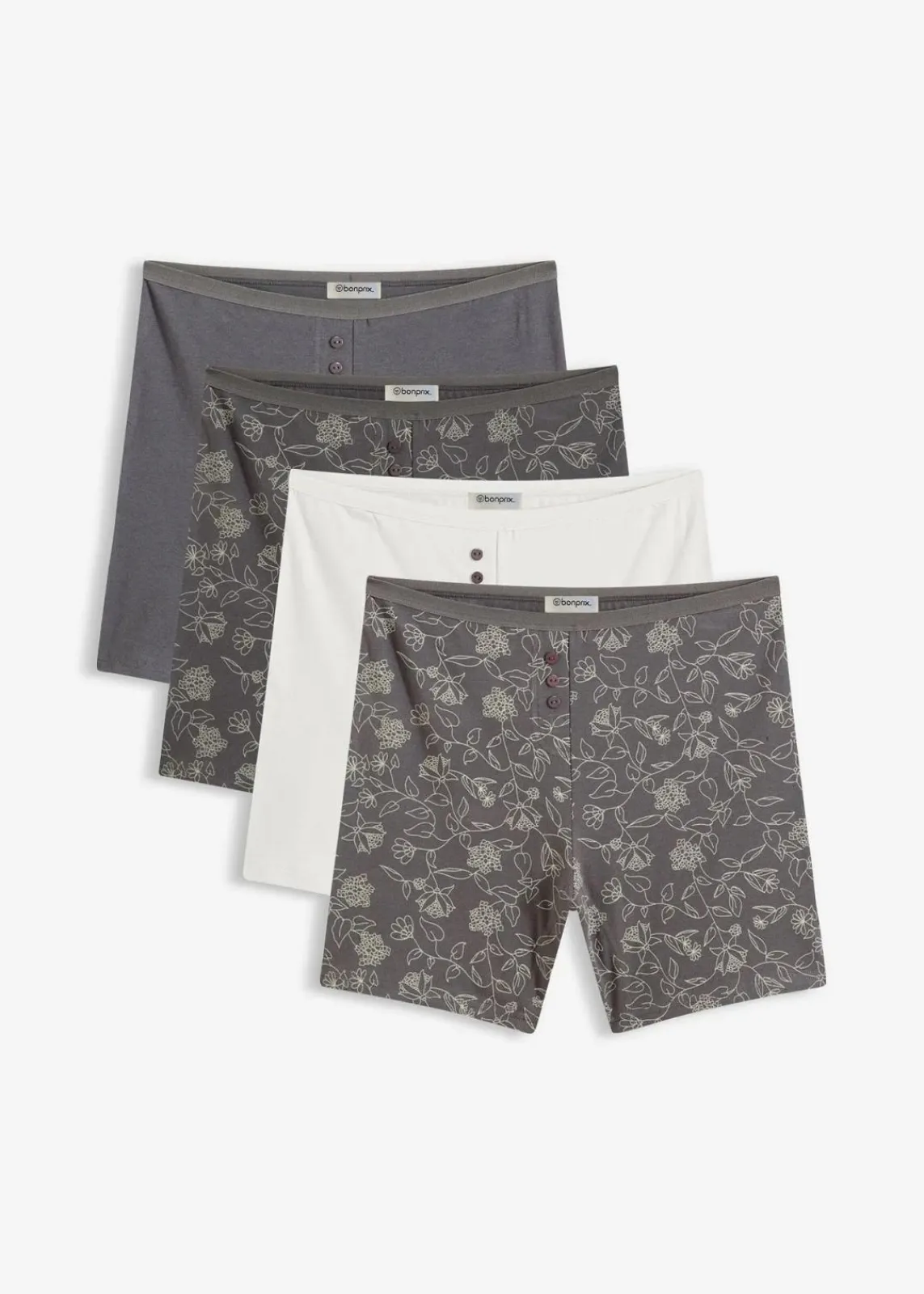 bonprix Wäsche·Baumwollunterwäsche|Wäsche·Höschen^Lange Damen Boxer (4er Pack) grau - bedruckt