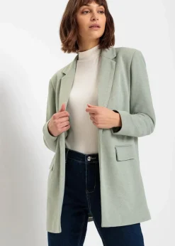 bonprix Blazer|Bekleidung·Basics^Langer Jersey-Blazer mit Taschen rauchgrün meliert