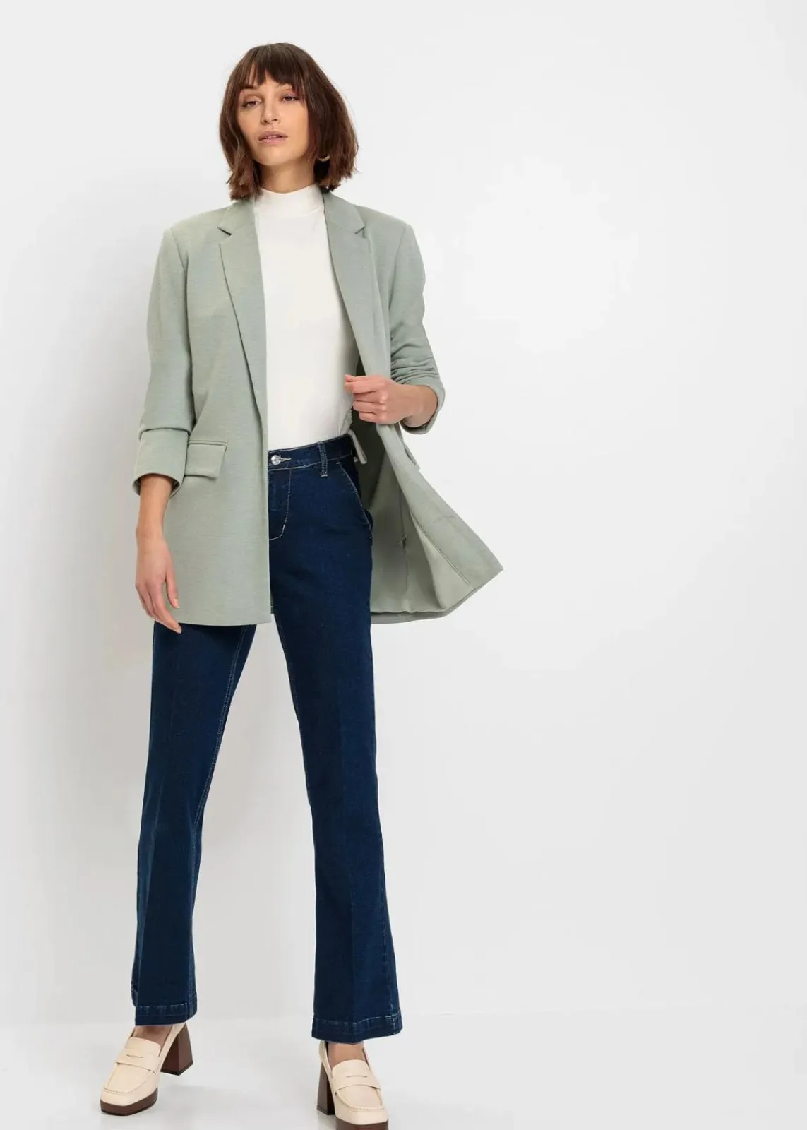 bonprix Blazer|Bekleidung·Basics^Langer Jersey-Blazer mit Taschen rauchgrün meliert