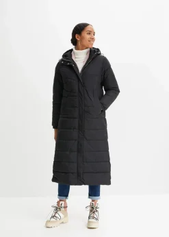 bonprix Jacken & Mäntel|Bekleidung·Hosen^Langer Stepp-Mantel mit Kapuze schwarz