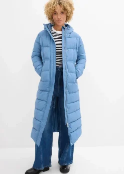 bonprix Jacken & Mäntel|Bekleidung·Hosen^Langer Stepp-Mantel mit Kapuze wellenblau