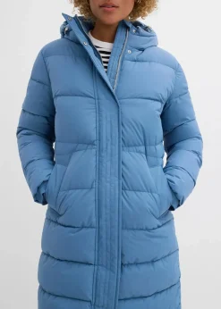 bonprix Jacken & Mäntel|Bekleidung·Hosen^Langer Stepp-Mantel mit Kapuze wellenblau