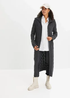 bonprix Bekleidung·Umstandsmode|Pullover & Strickjacken^Langer Strickmantel aus Zopfstrick anthrazit meliert