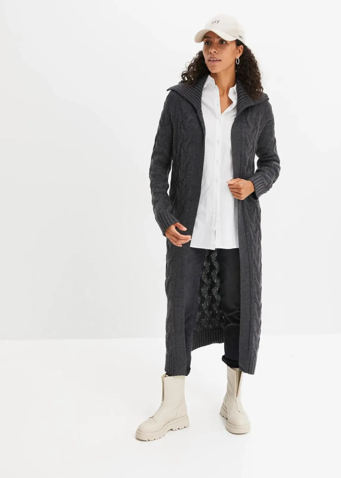 bonprix Bekleidung·Umstandsmode|Pullover & Strickjacken^Langer Strickmantel aus Zopfstrick anthrazit meliert