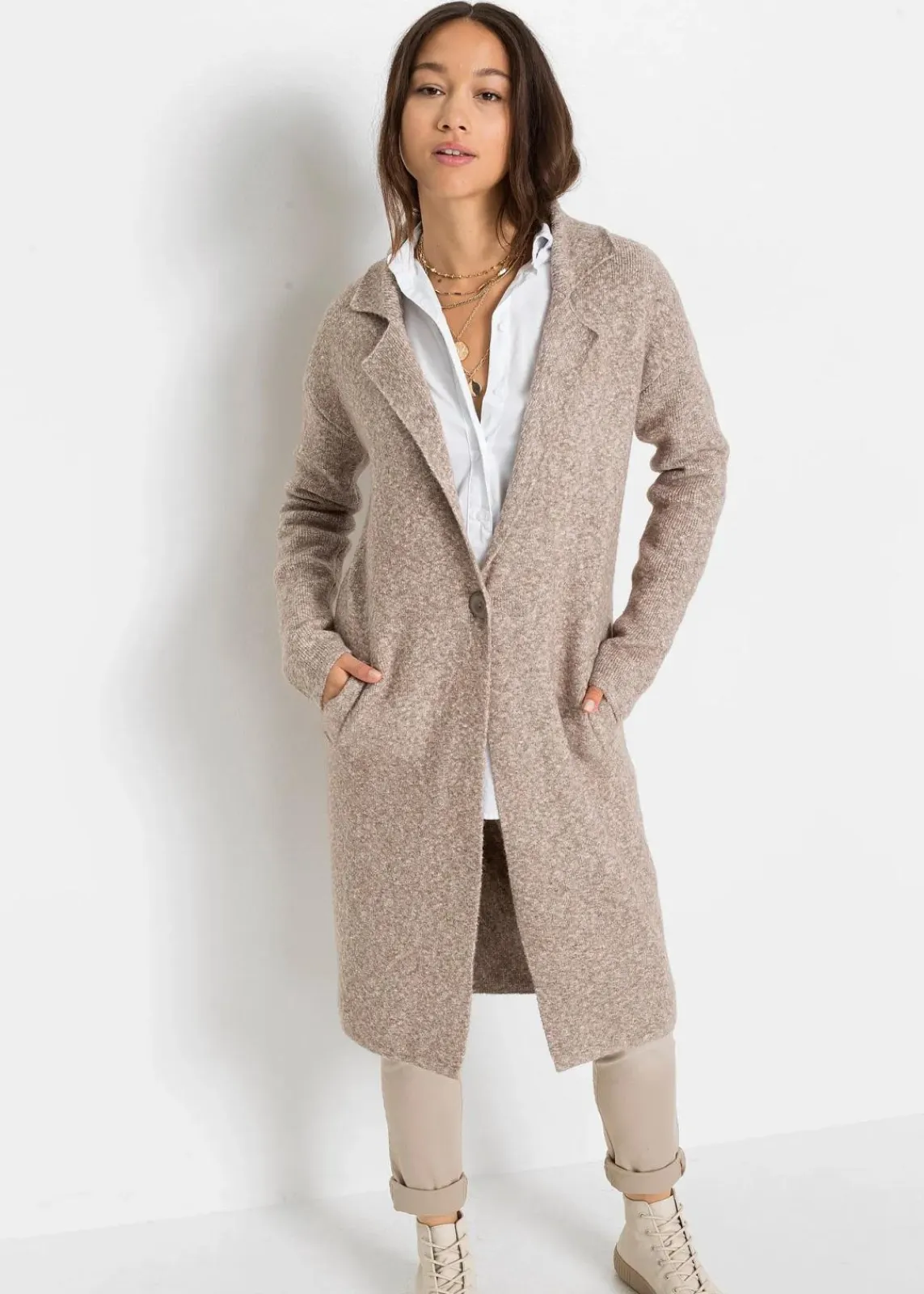 bonprix Bekleidung·Umstandsmode|Strickmode^Langer Strickmantel im Loose Fit taupe meliert