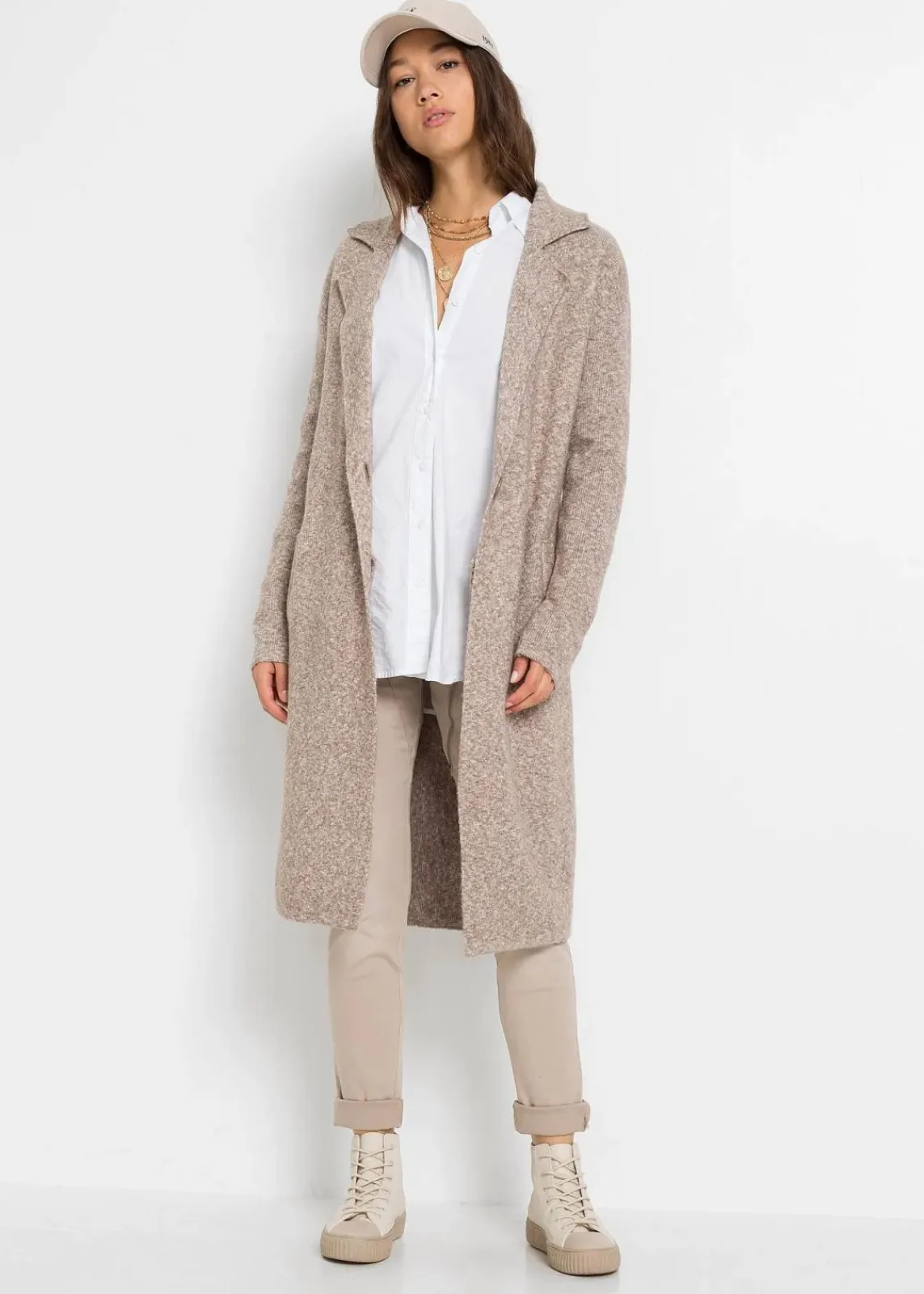 bonprix Bekleidung·Umstandsmode|Strickmode^Langer Strickmantel im Loose Fit taupe meliert