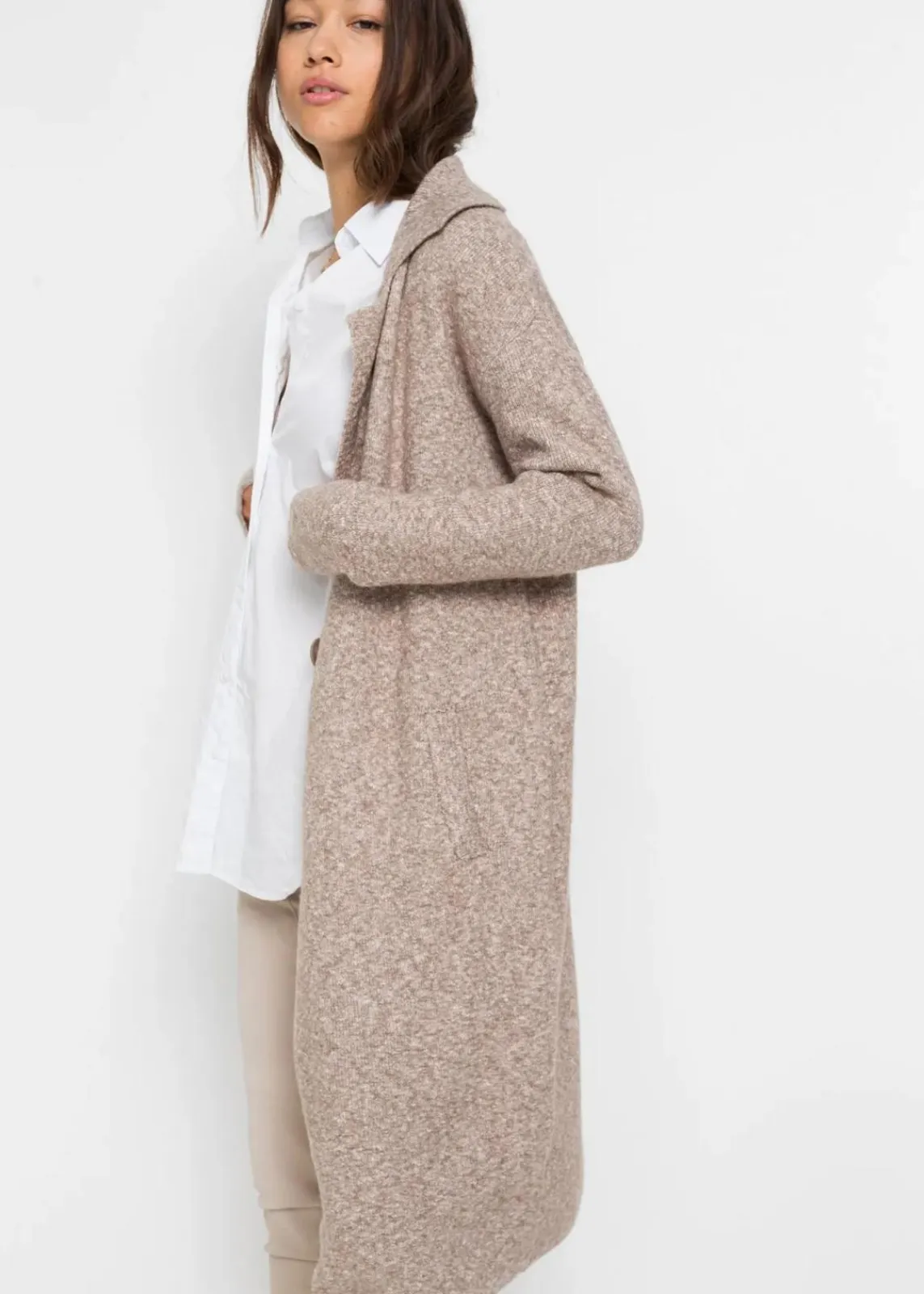 bonprix Bekleidung·Umstandsmode|Strickmode^Langer Strickmantel im Loose Fit taupe meliert