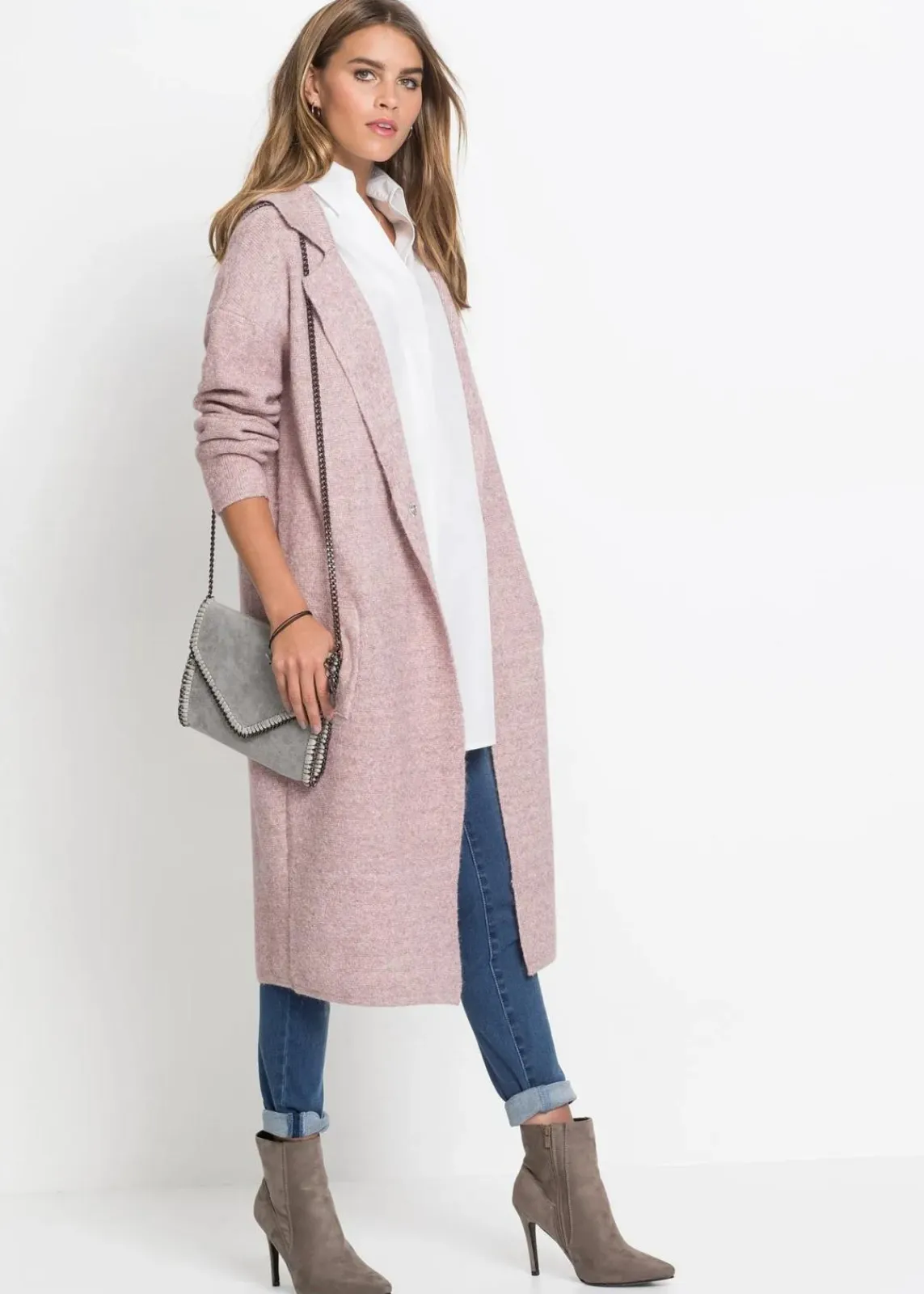 bonprix Bekleidung·Umstandsmode|Strickmode^Langer Strickmantel im Loose Fit rosa meliert
