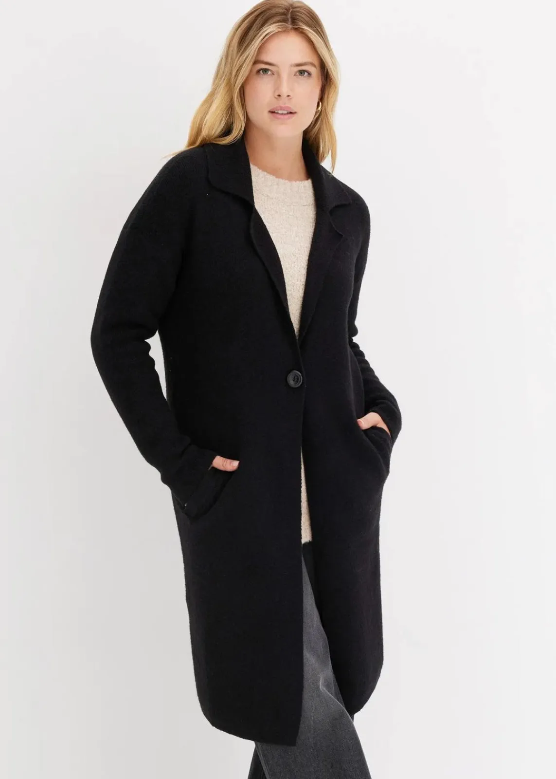 bonprix Bekleidung·Jeans|Pullover & Strickjacken^Langer Strickmantel im Loose Fit schwarz