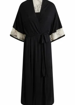 bonprix Wäsche·Dessous|Wäsche·Bademäntel^Langer Viskose Kimono mit Stickerei schwarz/kreidebeige