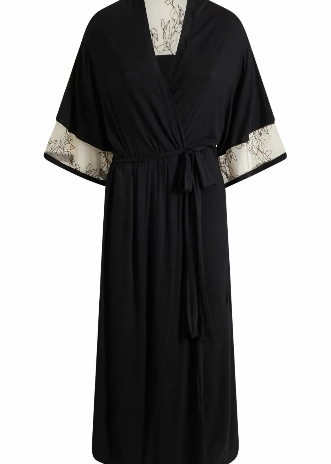 bonprix Wäsche·Dessous|Wäsche·Bademäntel^Langer Viskose Kimono mit Stickerei schwarz/kreidebeige