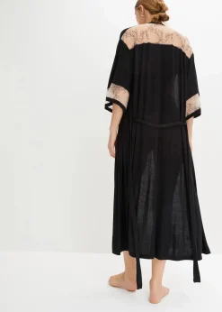 bonprix Wäsche·Dessous|Wäsche·Bademäntel^Langer Viskose Kimono mit Stickerei schwarz/kreidebeige