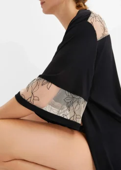 bonprix Wäsche·Dessous|Wäsche·Bademäntel^Langer Viskose Kimono mit Stickerei schwarz/kreidebeige