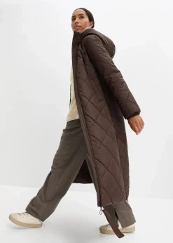 bonprix Nachhaltigere Materialien|Bekleidung·Hosen^Langer, wattierter Steppmantel mit Kapuze dunkelbraun