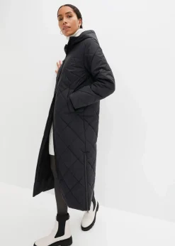 bonprix Bekleidung·Hosen|Nachhaltigere Materialien^Langer, wattierter Steppmantel mit Kapuze schwarz