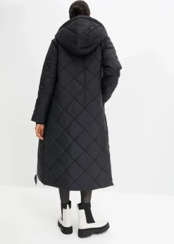 bonprix Bekleidung·Hosen|Nachhaltigere Materialien^Langer, wattierter Steppmantel mit Kapuze schwarz