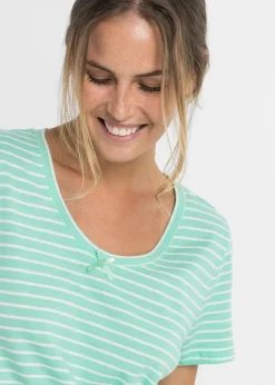 bonprix Wäsche·Basics|Wäsche·Nachtwäsche^Langes Nachthemd aus reiner Baumwolle mentholblau/weiß gestreift
