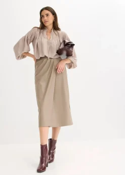 bonprix Röcke|Bekleidung·Sportbekleidung^Lederimitat Midi-Wickelrock taupe