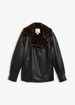 bonprix Bekleidung·Hosen|Jacken & Mäntel^Lederimitat-Jacke mit Leoparden Kunstfell schwarz