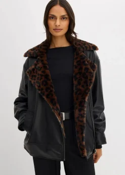 bonprix Bekleidung·Hosen|Jacken & Mäntel^Lederimitat-Jacke mit Leoparden Kunstfell schwarz