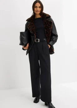 bonprix Bekleidung·Hosen|Jacken & Mäntel^Lederimitat-Jacke mit Leoparden Kunstfell schwarz