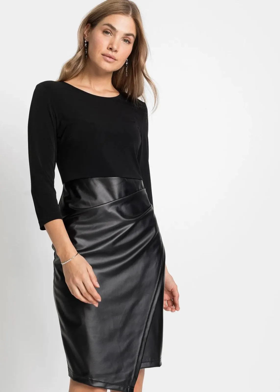 bonprix Kleider|Bekleidung·Pullover & Strickjacken^Lederimitat-Kleid mit Jersey-Oberteil schwarz
