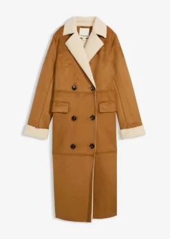 bonprix Bekleidung·Hosen|Jacken & Mäntel^Lederimitat-Mantel mit Teddy warm gefüttert cognac braun/naturbeige
