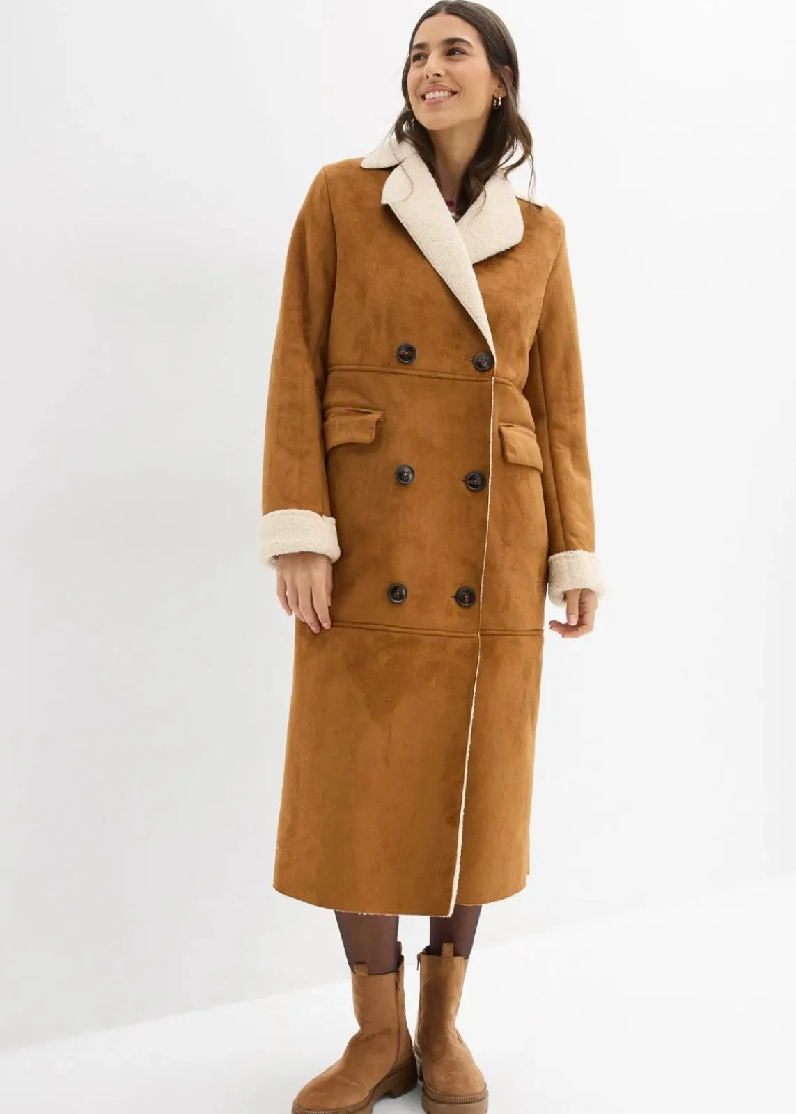 bonprix Bekleidung·Hosen|Jacken & Mäntel^Lederimitat-Mantel mit Teddy warm gefüttert cognac braun/naturbeige