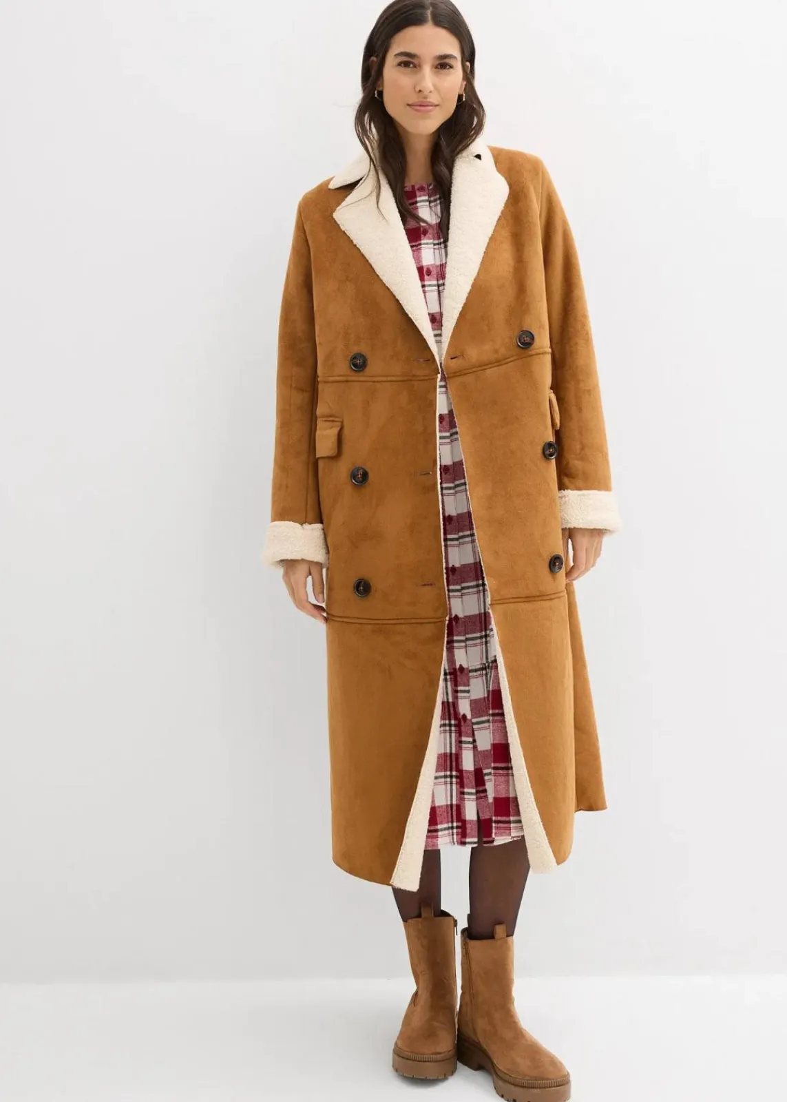 bonprix Bekleidung·Hosen|Jacken & Mäntel^Lederimitat-Mantel mit Teddy warm gefüttert cognac braun/naturbeige