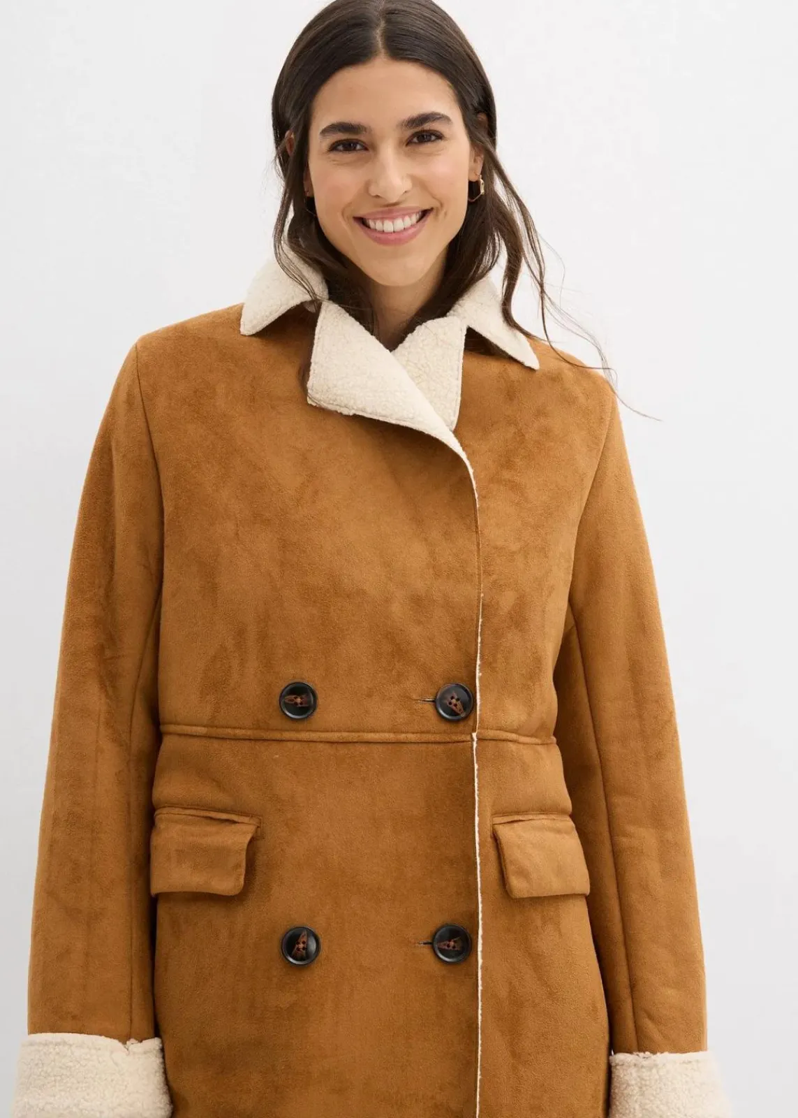 bonprix Bekleidung·Hosen|Jacken & Mäntel^Lederimitat-Mantel mit Teddy warm gefüttert cognac braun/naturbeige