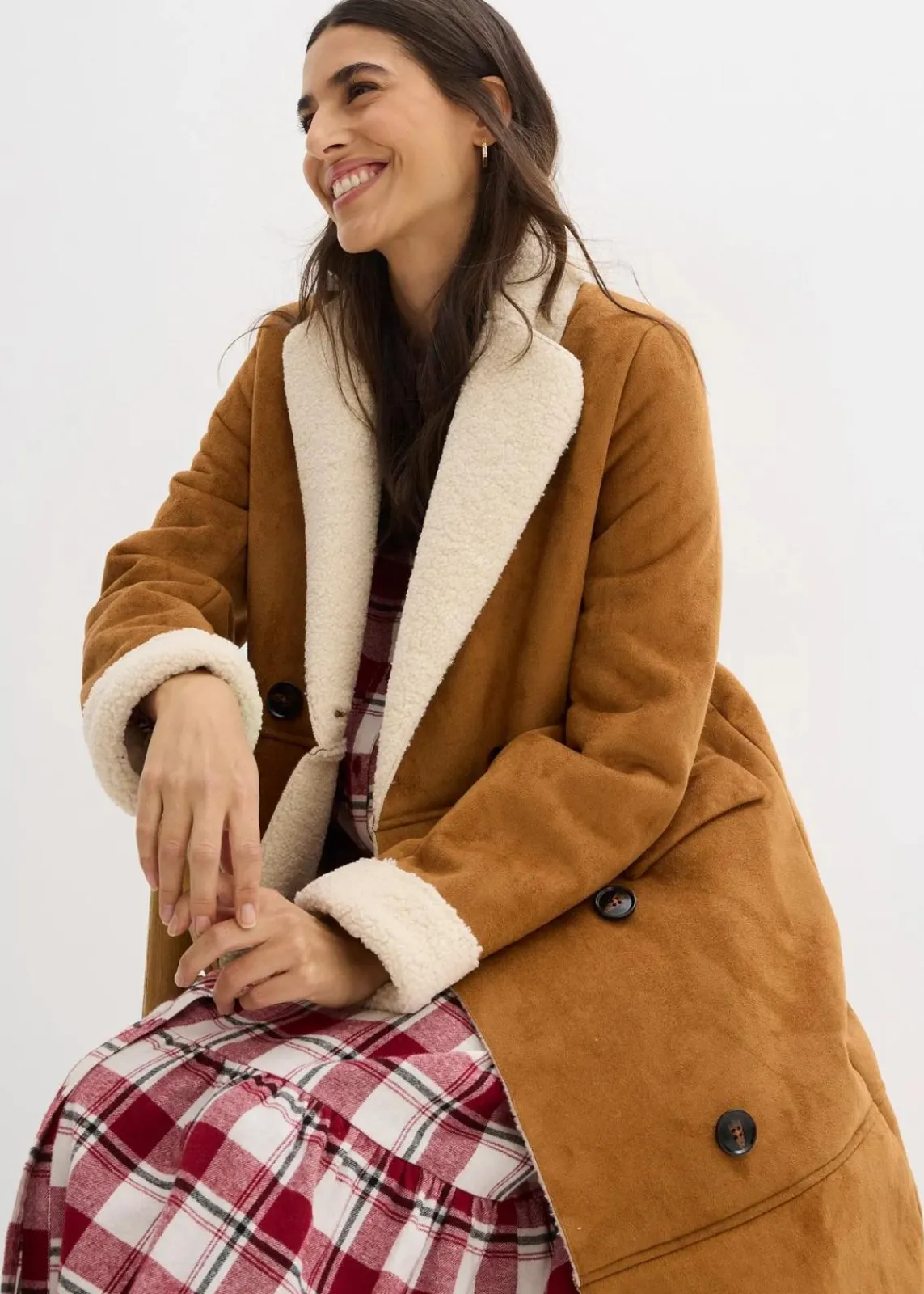 bonprix Bekleidung·Hosen|Jacken & Mäntel^Lederimitat-Mantel mit Teddy warm gefüttert cognac braun/naturbeige