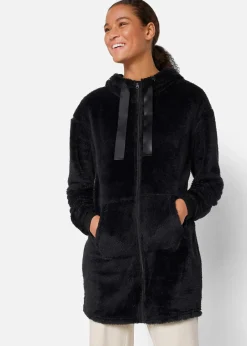 bonprix Wäsche·Homewear|Bekleidung·Strickmode^Leichte Loungewear Kuschel-Long-Fleecejacke mit Kapuze schwarz