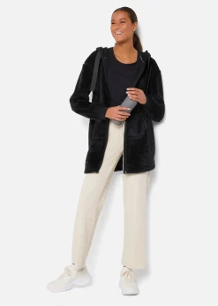 bonprix Wäsche·Homewear|Bekleidung·Strickmode^Leichte Loungewear Kuschel-Long-Fleecejacke mit Kapuze schwarz