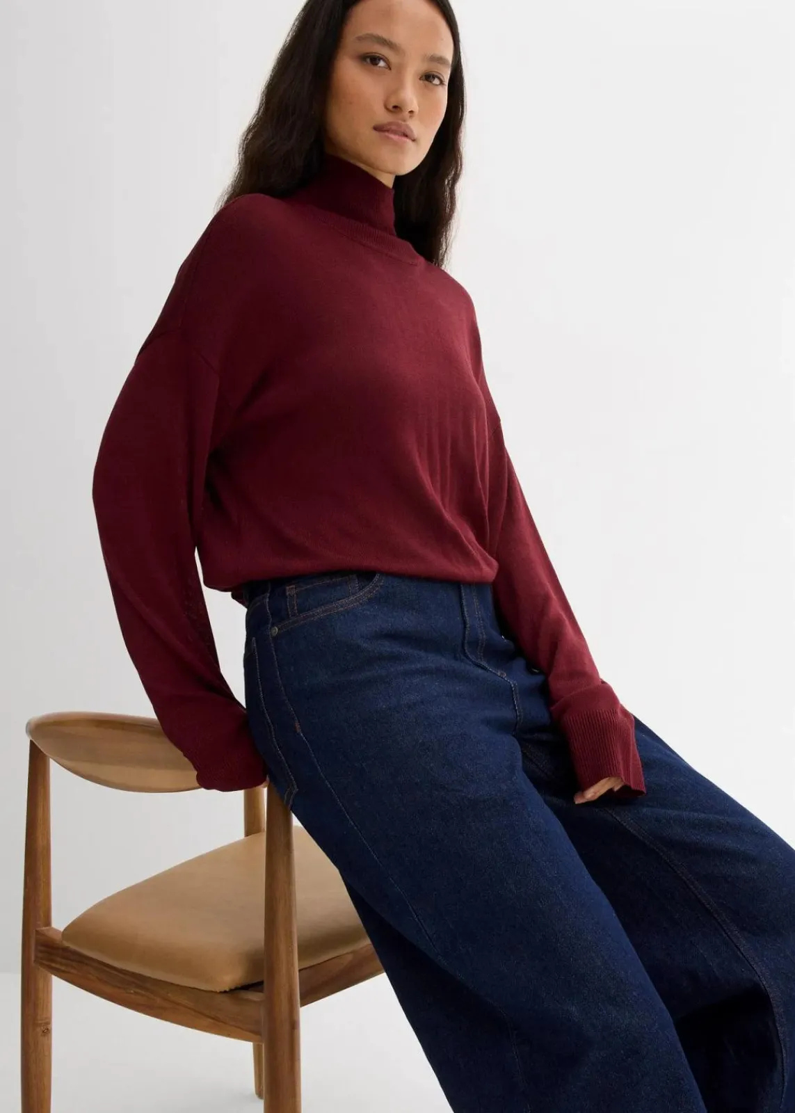 bonprix Bekleidung·Umstandsmode|Bekleidung·Jeans^Leichter Feinstrickpullover mit breitem Turtleneck aus Viskose-Mix ahornrot